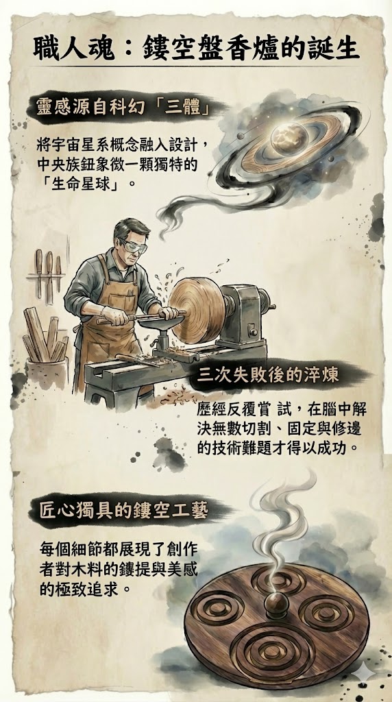 Jwood原木鏤空小盤香爐的四體盒蓋，以複雜的鏤空同心圓結構呈現四體概念，中間的扭蓋象徵高階的生命星球。