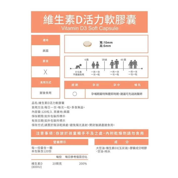 【多件優惠】維生素D 活力軟膠囊 120粒/盒,生長發育,血鈣,800IU,維生素D,骨質疏鬆