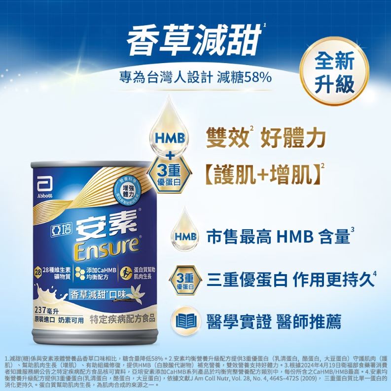 【1箱贈2罐】亞培安素 HMB升級配方-香草減甜 237mlx24入(箱購)_效期: 2025.07