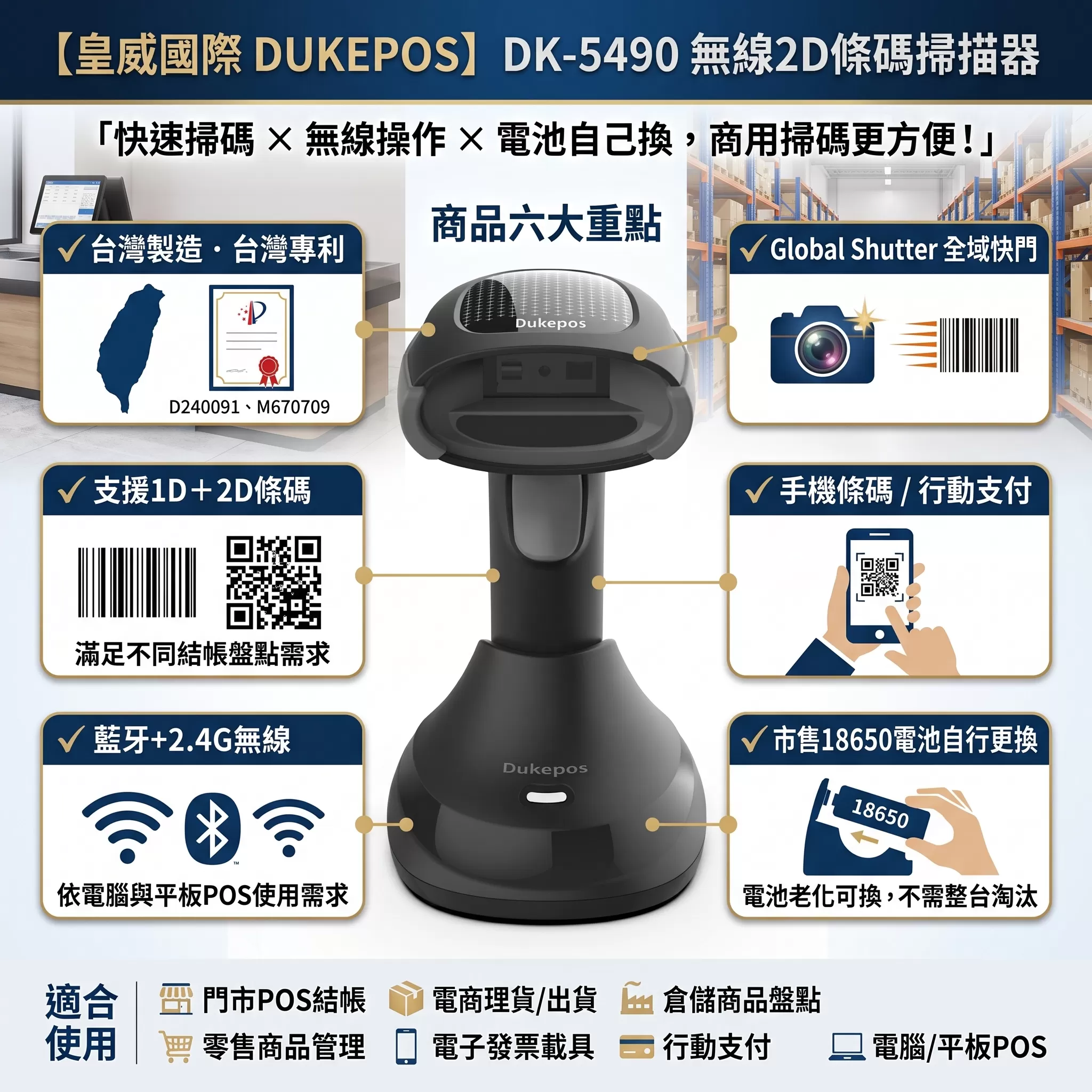 【皇威國際】DK-5490無線2D掃描器,U62150013,【皇威國際】DK-5490無線2D掃描器,台灣製,創業,掃碼器