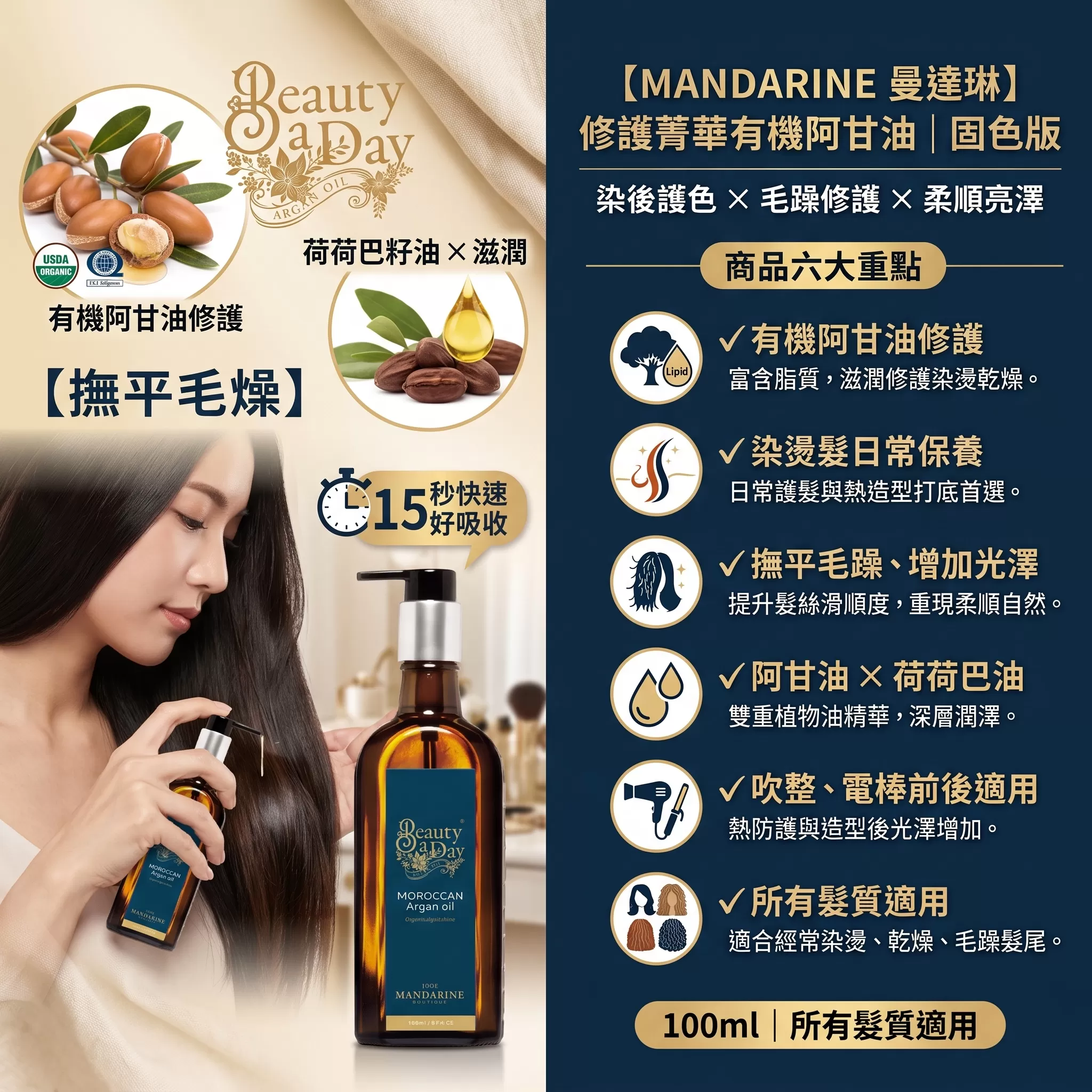【曼達琳】修護菁華有機阿甘油(固色版),U62150016,【曼達琳】修護菁華有機阿甘油(固色版),不黏膩,髮油,有機