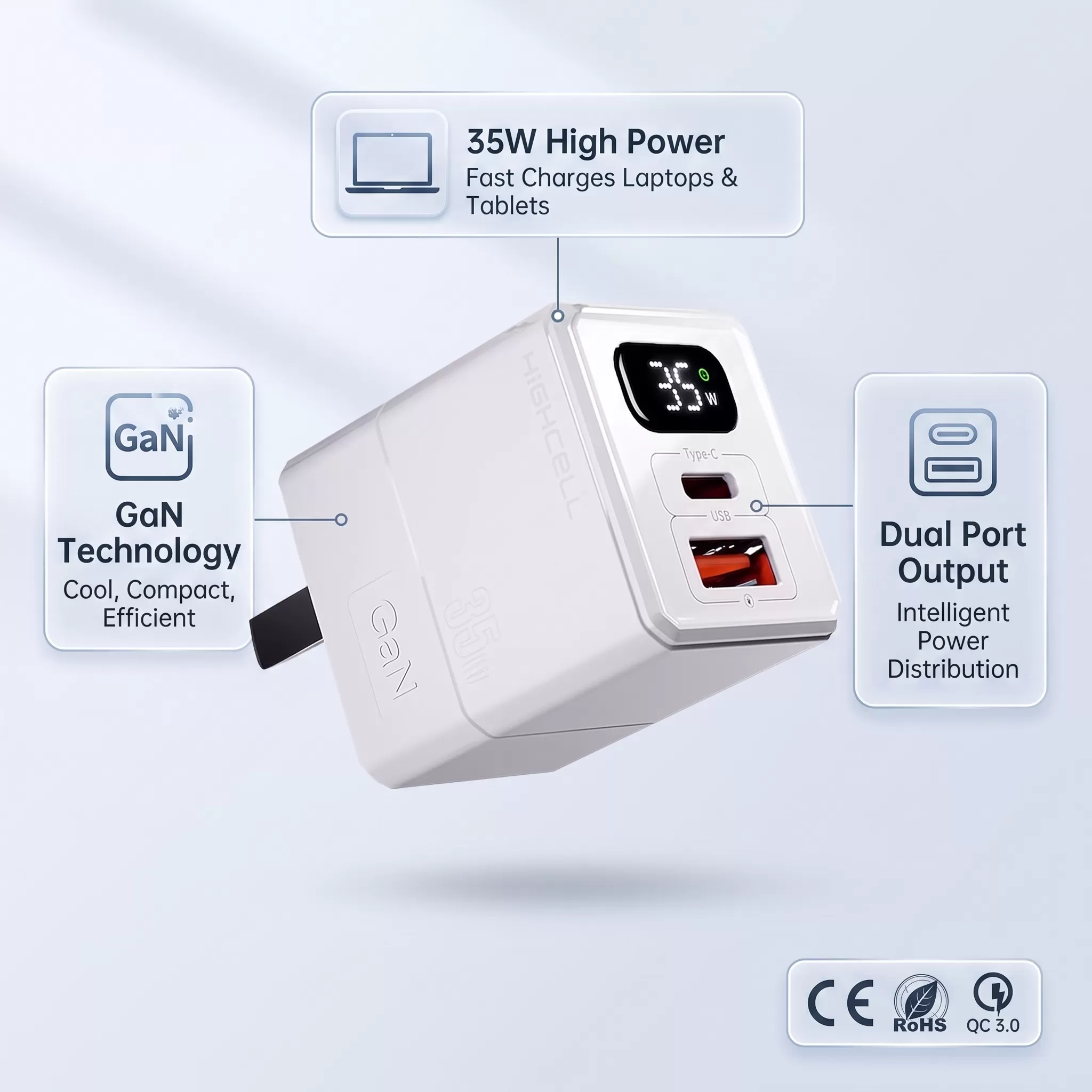 【HIGH CELL】固態行動電源+35W氨化鎵數顯充電頭 1組,U62150004,【HIGHCELL】固態行動電源+35W氨化鎵數顯充電頭1組,台灣製,充電頭,旅行組