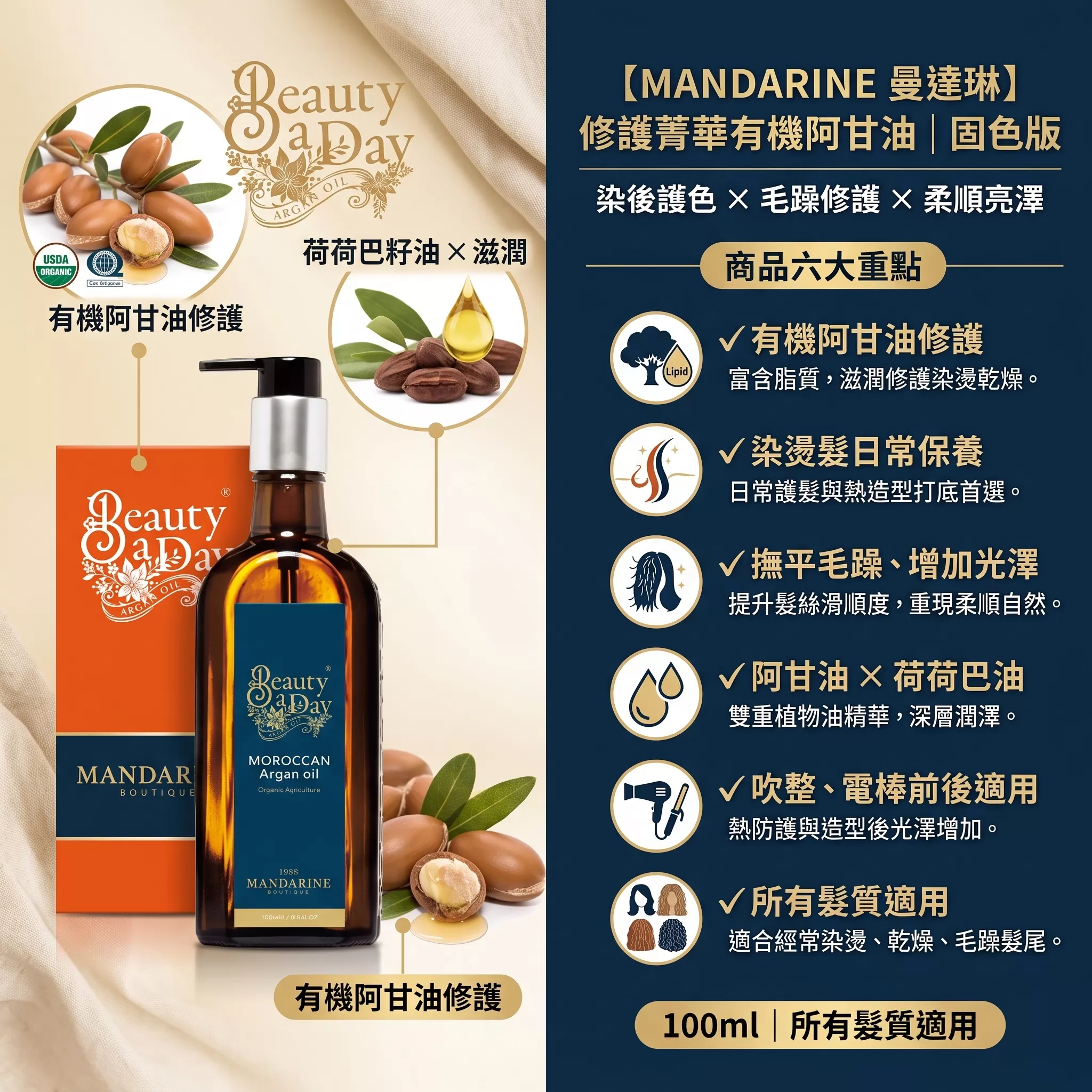 【曼達琳】修護菁華有機阿甘油(固色版),U62150016,【曼達琳】修護菁華有機阿甘油(固色版),不黏膩,髮油,有機