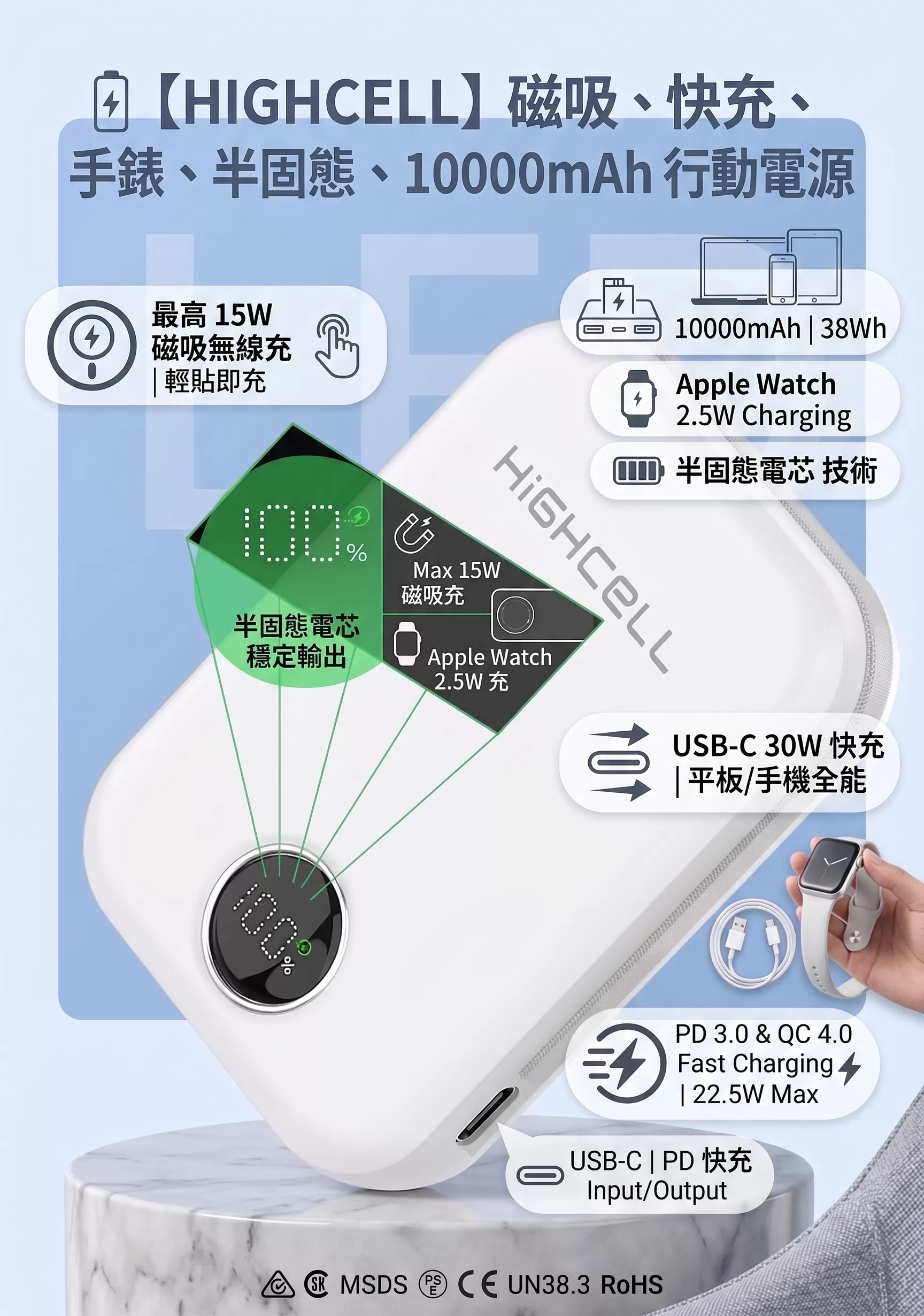 【HIGH CELL】固態行動電源+65W氮化鎵充電頭,U62150005,【HIGHCELL】固態行動電源+65W氮化鎵充電頭,台灣製,行動電源,旅行組