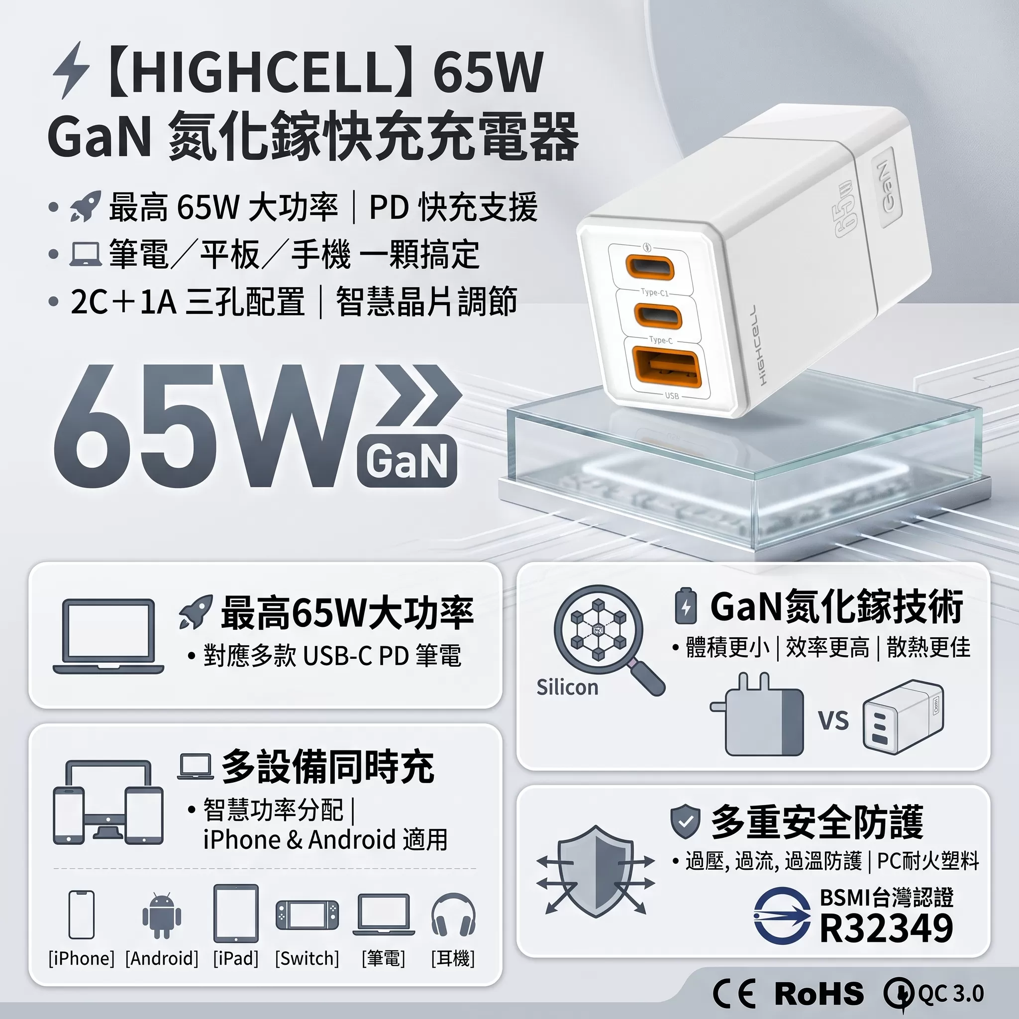 【HIGH CELL】固態行動電源+65W氮化鎵充電頭,U62150005,【HIGHCELL】固態行動電源+65W氮化鎵充電頭,台灣製,行動電源,旅行組