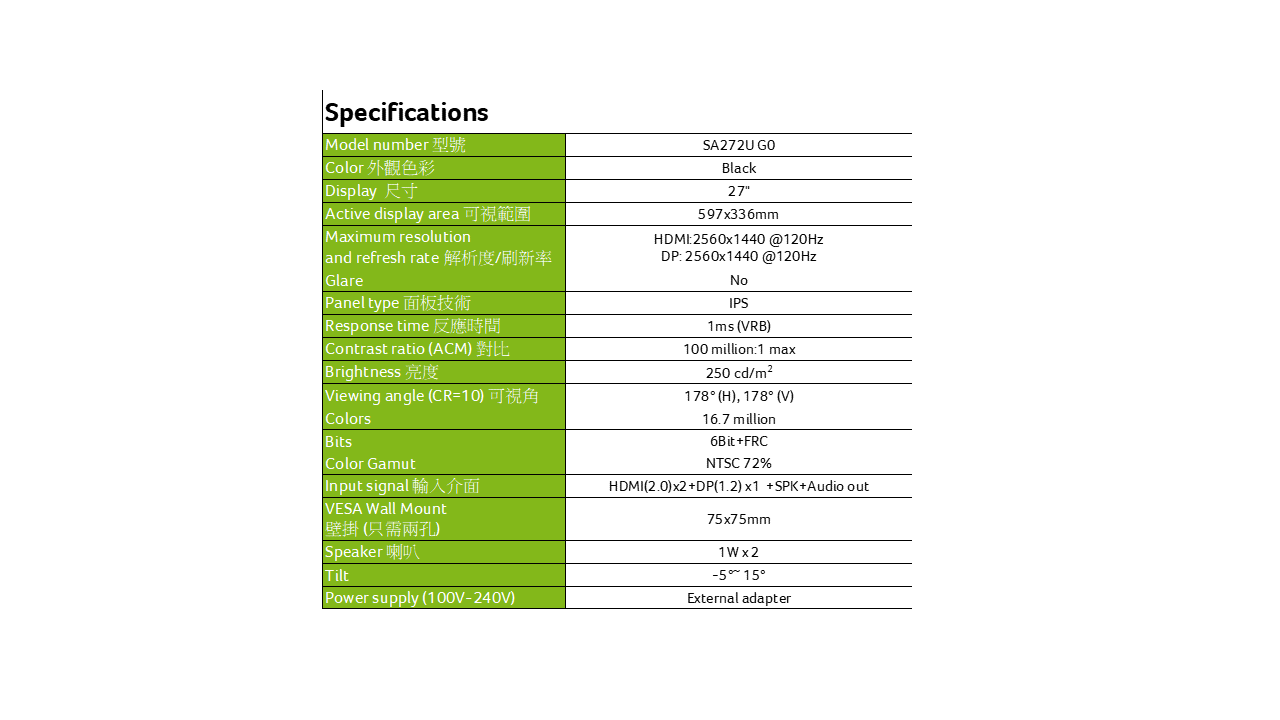 ACER SA273 G0(WH)_27HL IPS 120Hz E2E超薄護眼螢幕( MM.V5HTT.002 )