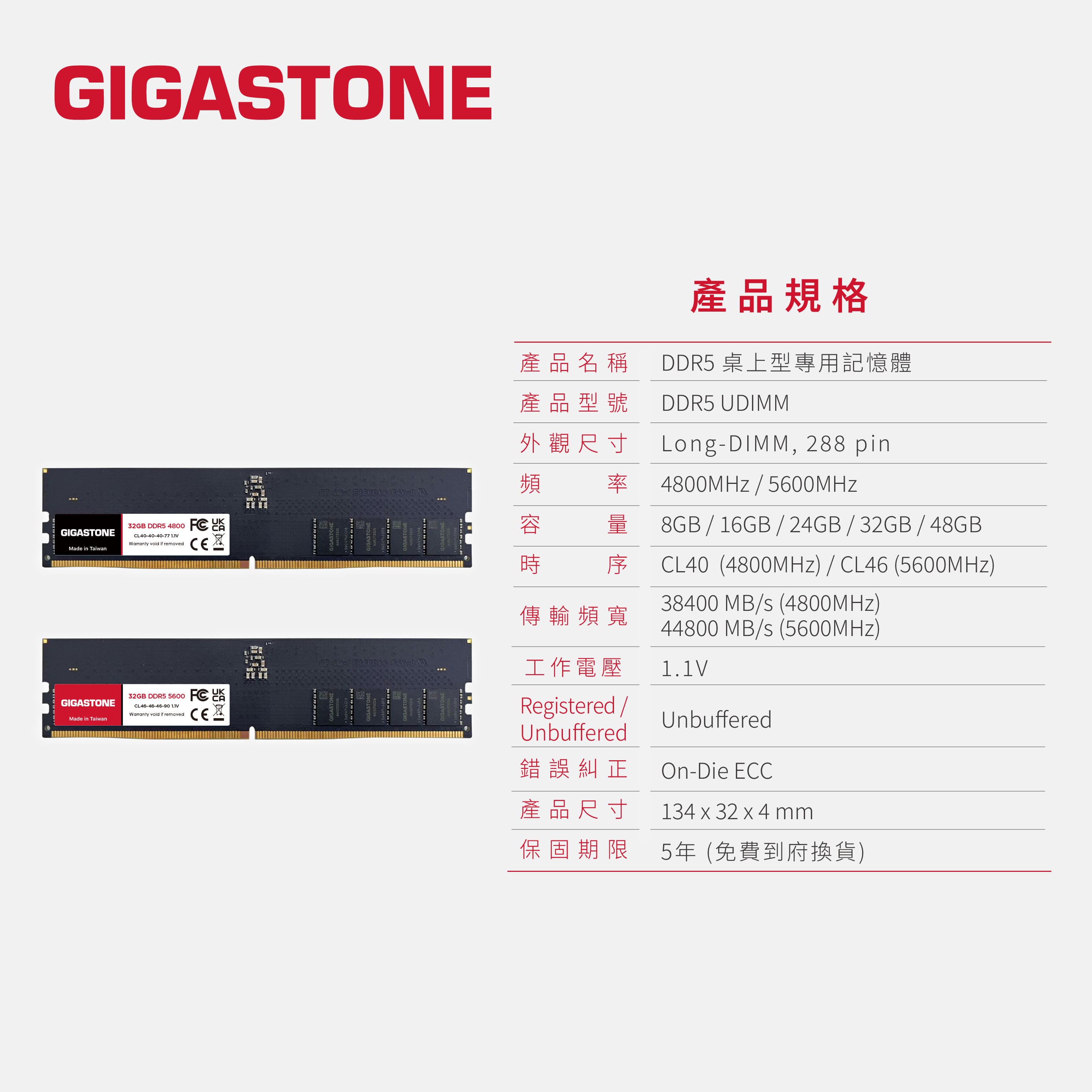 GIGASTONE DDR5 UDIMM 5600MHz 32G 桌上型記憶體,實際價格以報價為主,U52660005,GIGASTONEDDR5UDIMM5600MHz32G桌上型記憶體,原廠保固,大量採購歡迎洽詢