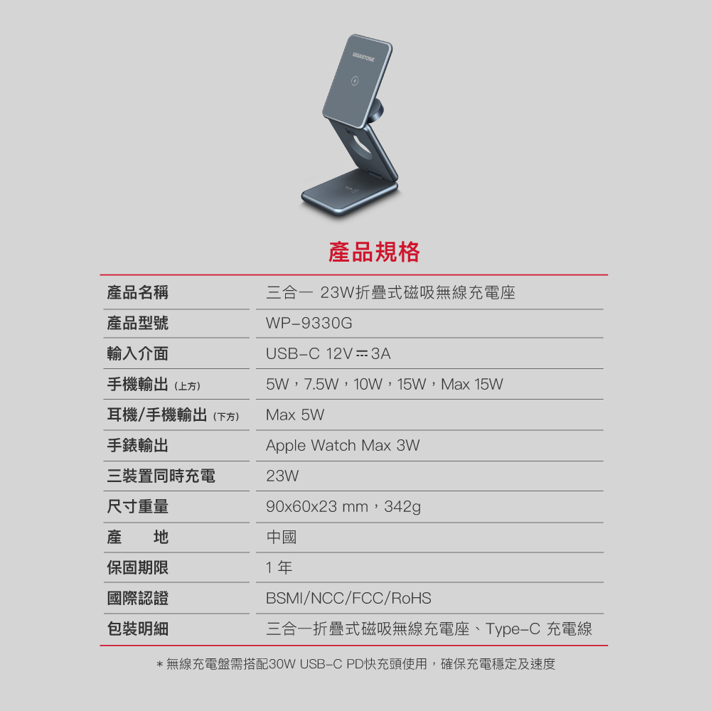 GIGASTONE WP-9330G三合一 23W折疊式磁吸無線充電座,實際價格以報價為主,U52660038,GIGASTONEWP-9330G三合一23W折疊式磁吸無線充電座,原廠保固,大量採購歡迎洽詢