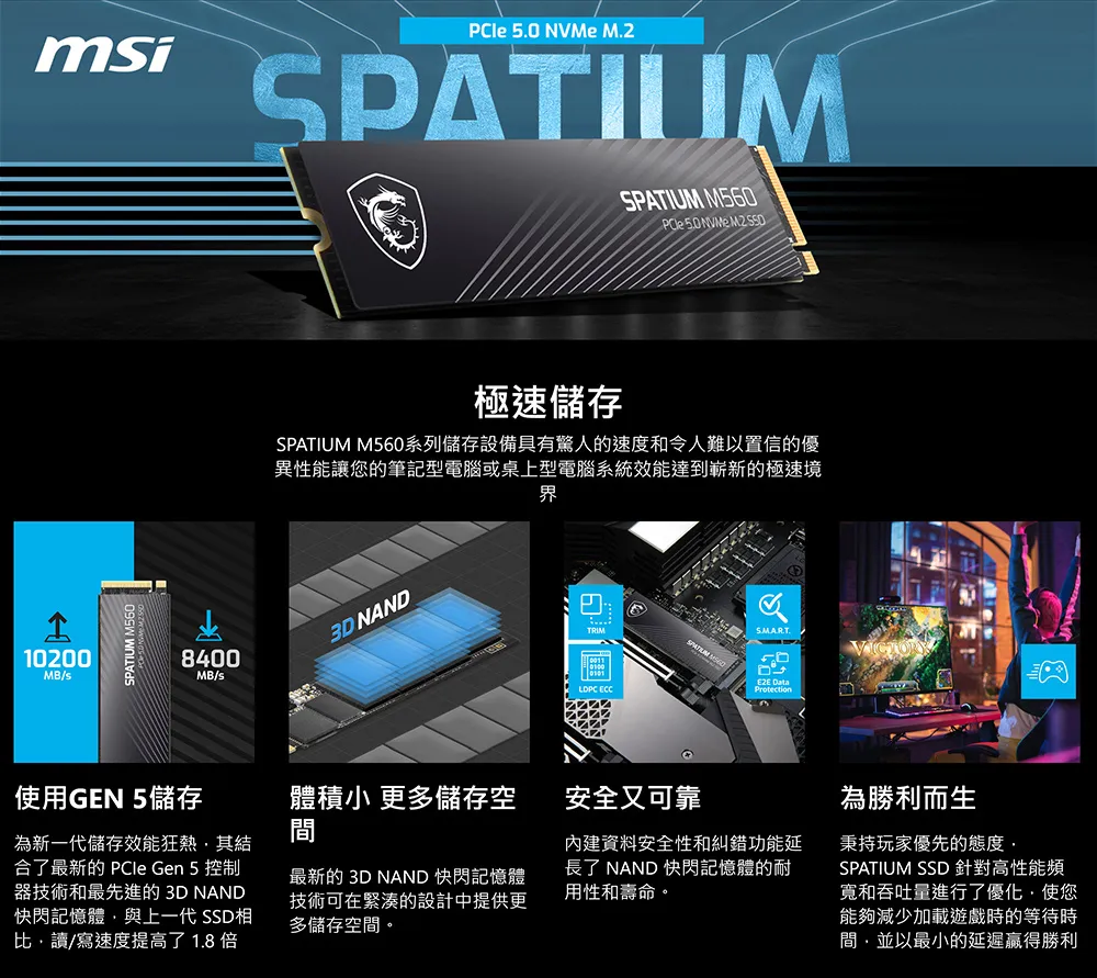 MSI 微星SPATIUM M560 2TB PCIe 5.0 NVMe M.2 SSD,U53380002,MSI微星SPATIUMM5602TBPCIe5.0NVMeM.2SSD,原廠保固,大量採購歡迎洽詢,品質保證
