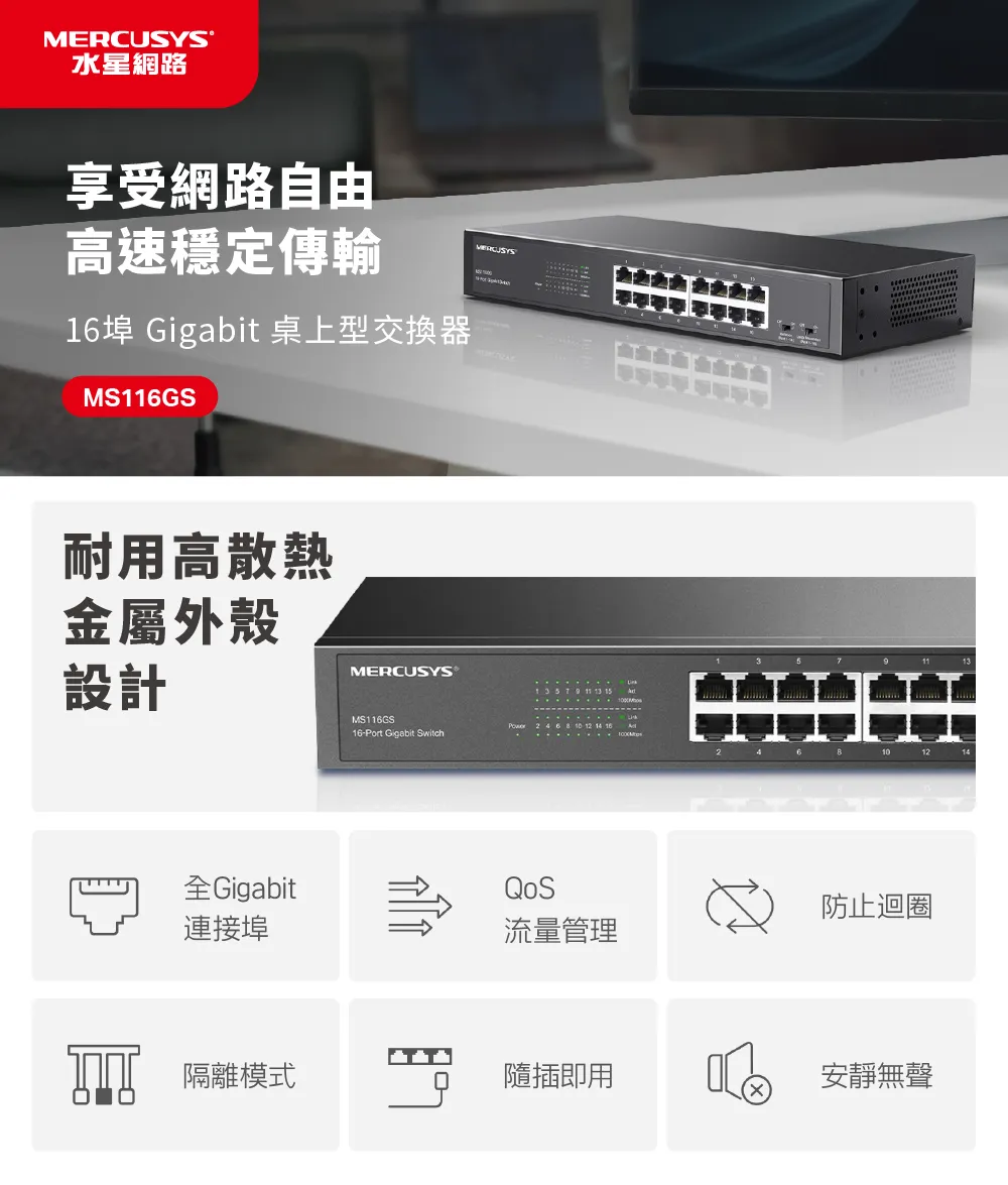 Mercusys 水星 MS116GS 16埠 Gigabit 桌面/機架式交換器