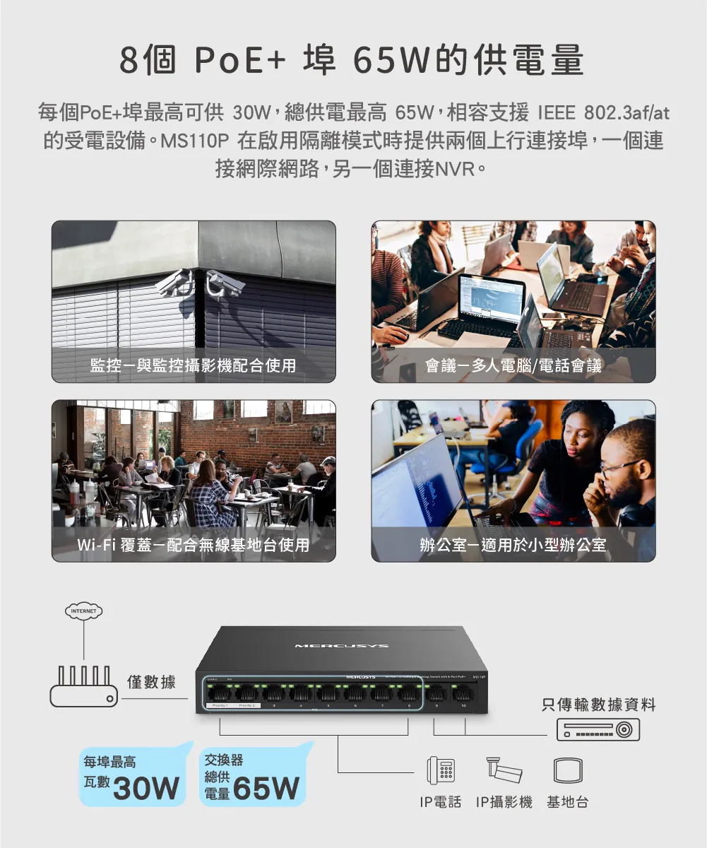 Mercusys 水星 MS110P 10 埠 10/100Mbps 桌上型交換器(含 8 埠 PoE+)