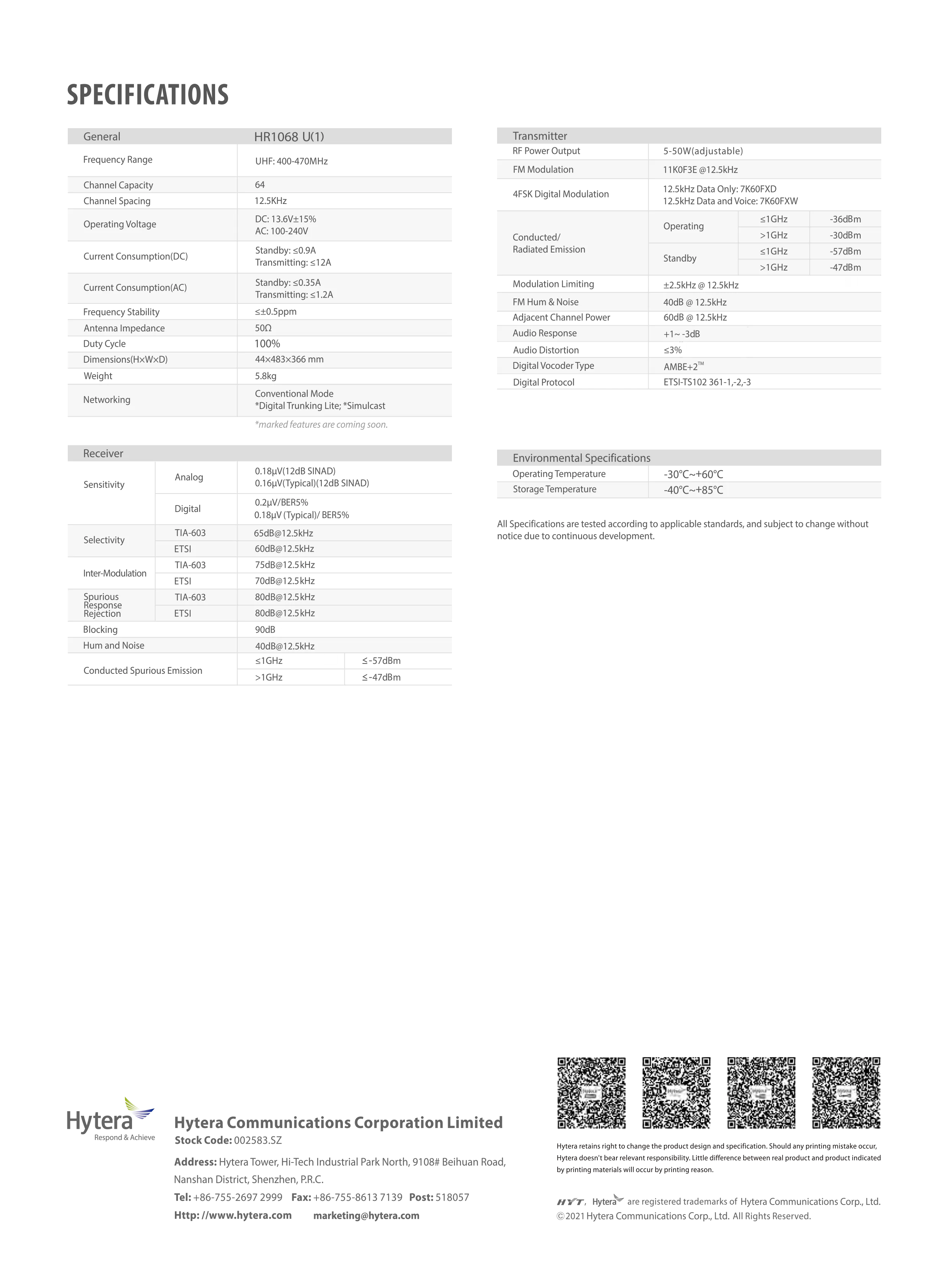 Hytera 海能達 HR1068 數位中繼台對講機系統
