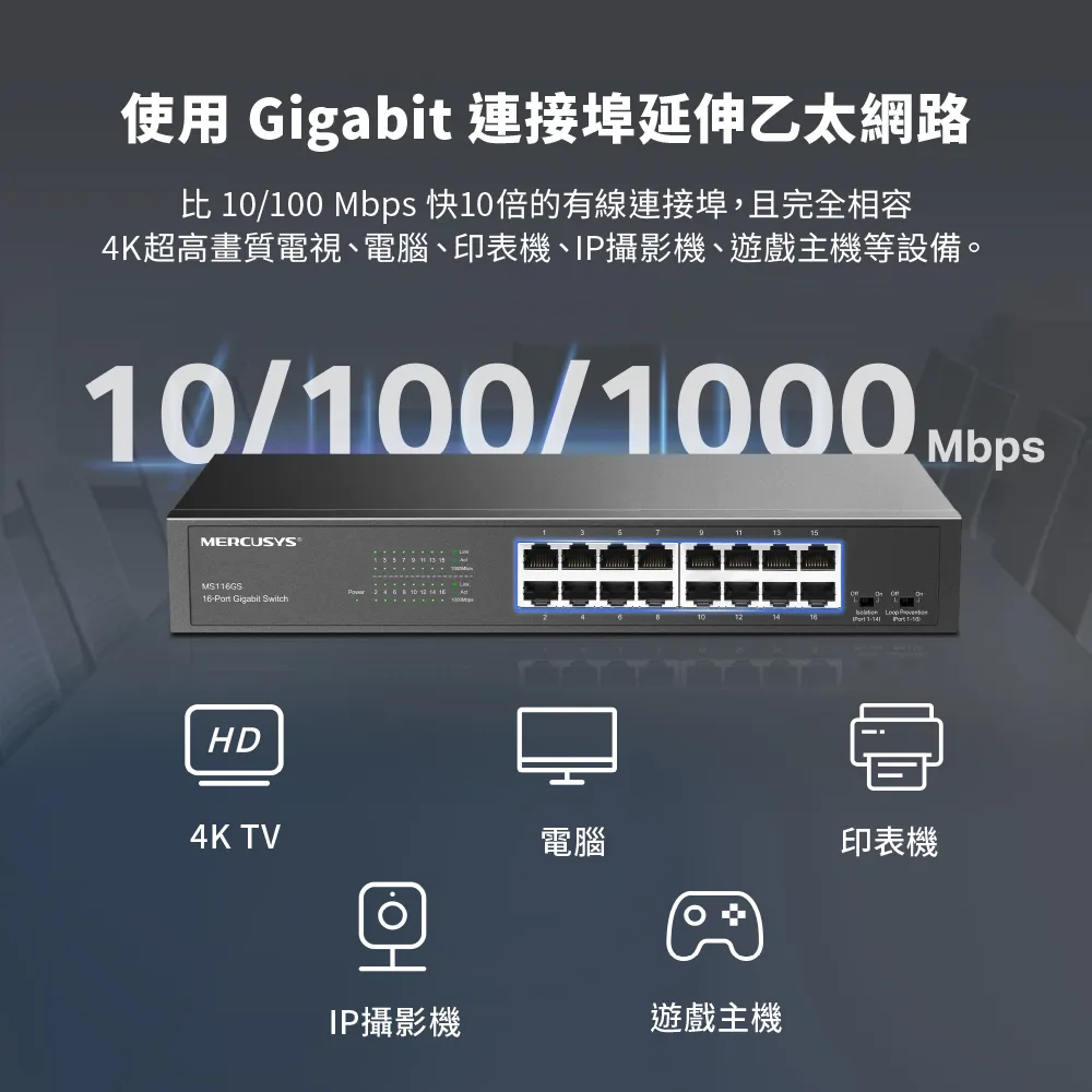 Mercusys 水星 MS116GS 16埠 Gigabit 桌面/機架式交換器