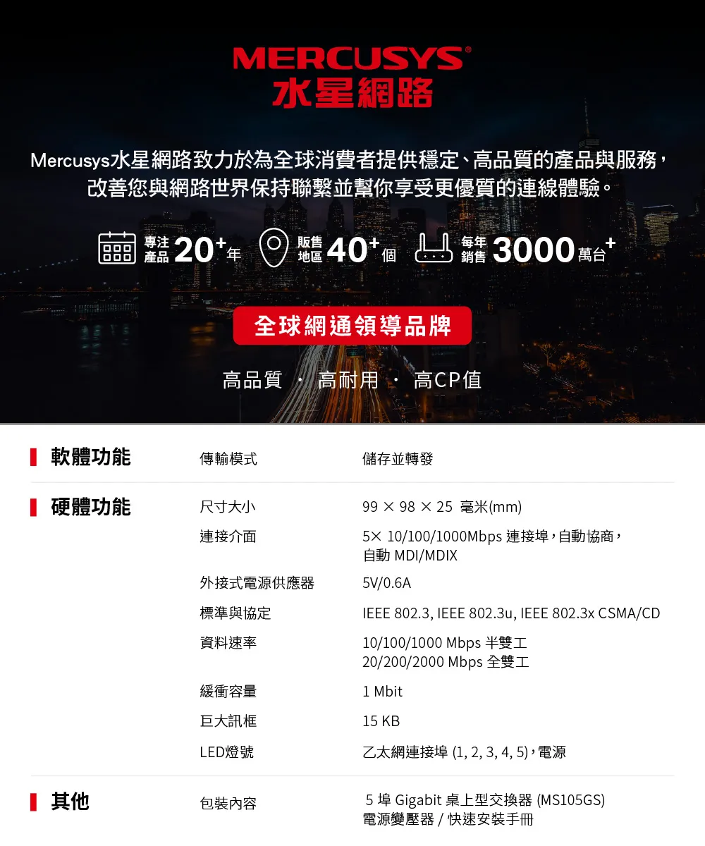 Mercusys 水星 MS105GS 5 埠 Gigabit 桌上型交換器