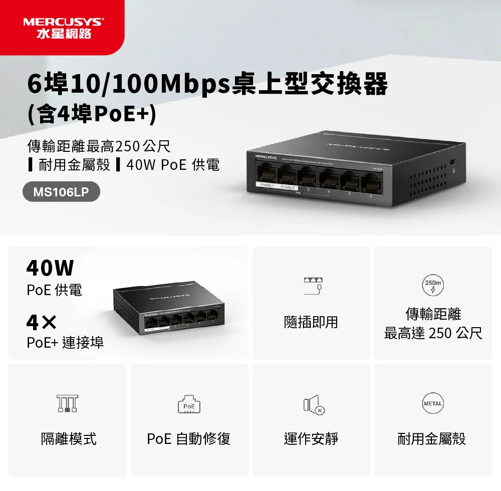 Mercusys 水星 MS106LP 6 埠 10/100Mbps 桌上型交換器(含 4 埠 PoE+)