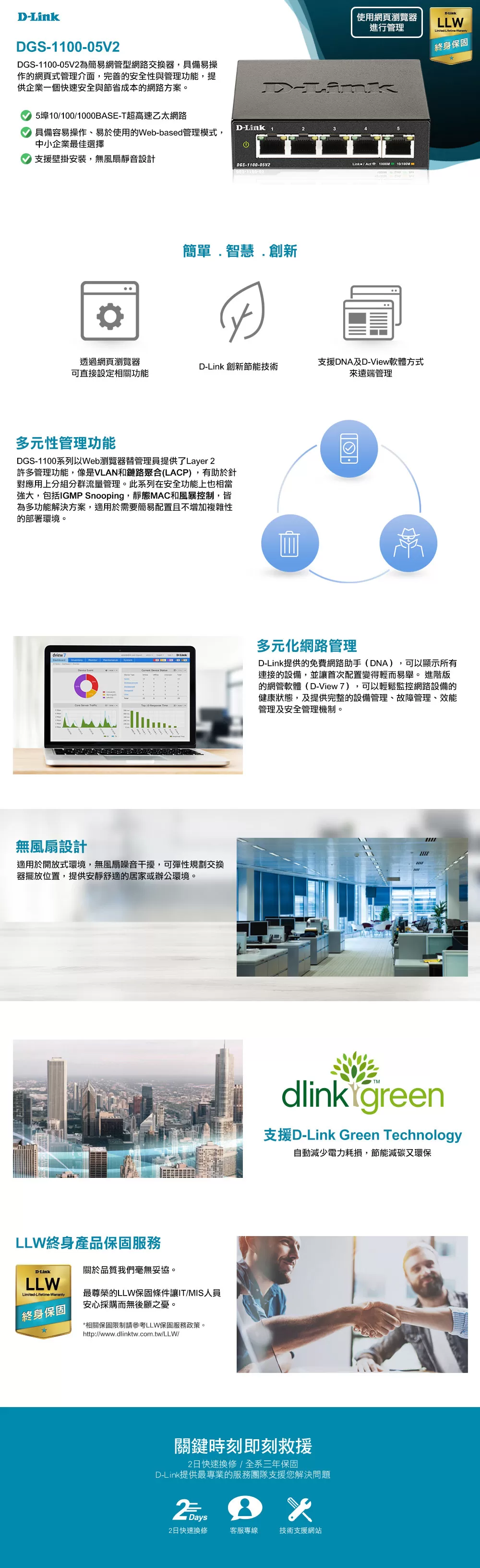 D-Link 友訊 DGS-1100-05V2 5埠 Gigabit L2 Easy Smart 簡易網管型交換器