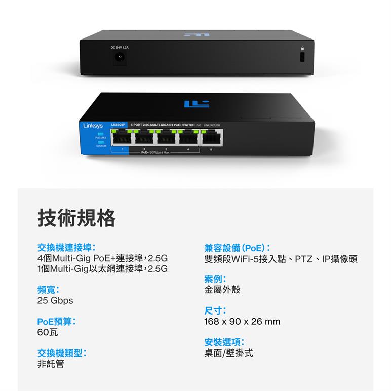 Linksys 5-Port 2.5G Multi-Gigabit 非網管POE交換器(LN2305P-AH),U52540024,Linksys5-Port2.5GMulti-Gigabit非網管POE交換器(LN2305P-AH),原廠保固,大量採購歡迎洽詢,品質保證