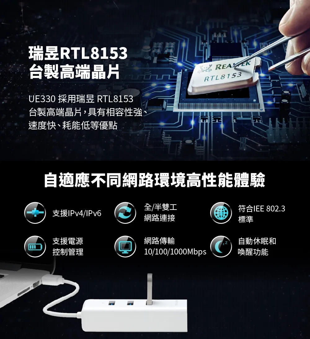 TP-Link UE330 3 埠 USB 3.0 集線器與 Gigabit USB 網卡