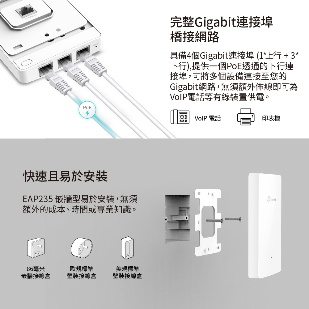 TP-Link EAP235-Wall Omada AC1200 無線 MU-MIMO Gigabit 嵌牆式基地台