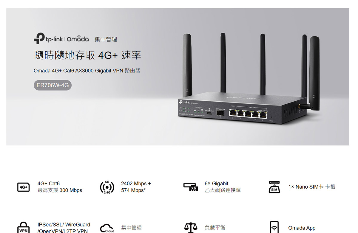 TP-Link ER706W-4G Omada 4G+ Cat6 AX3000 Gigabit VPN 路由器