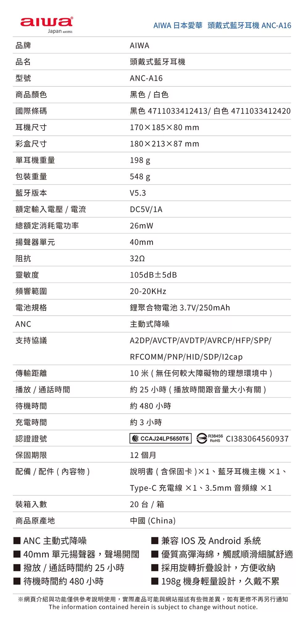 Aiwa 愛華 頭戴式藍牙耳機 ANC-A16 白色