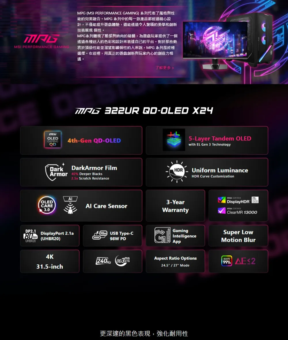MSI 微星MPG 322UR QD-OLED X24電競螢幕,U62250007,MSI微星MPG322URQD-OLEDX24電競螢幕,原廠保固,大量採購歡迎洽詢,品質保證