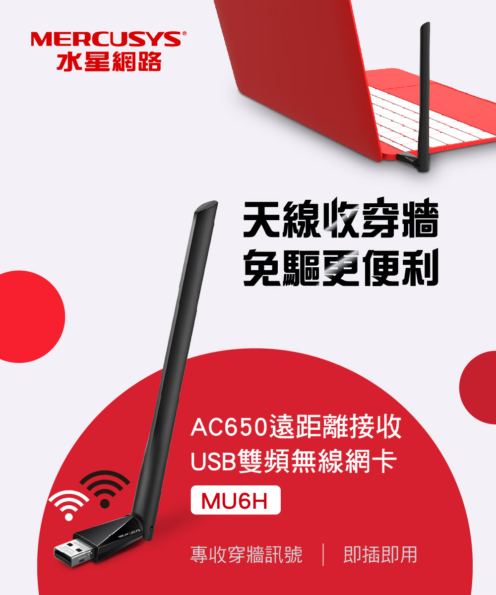 Mercusys 水星 MU6H AC650高增益雙頻USB無線網卡