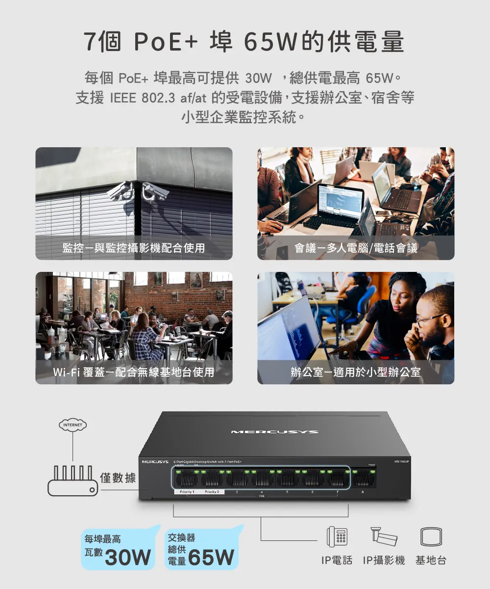 Mercusys 水星 MS108GP 7個PoE + 連接埠 8 Gigabit 埠桌上型交換器