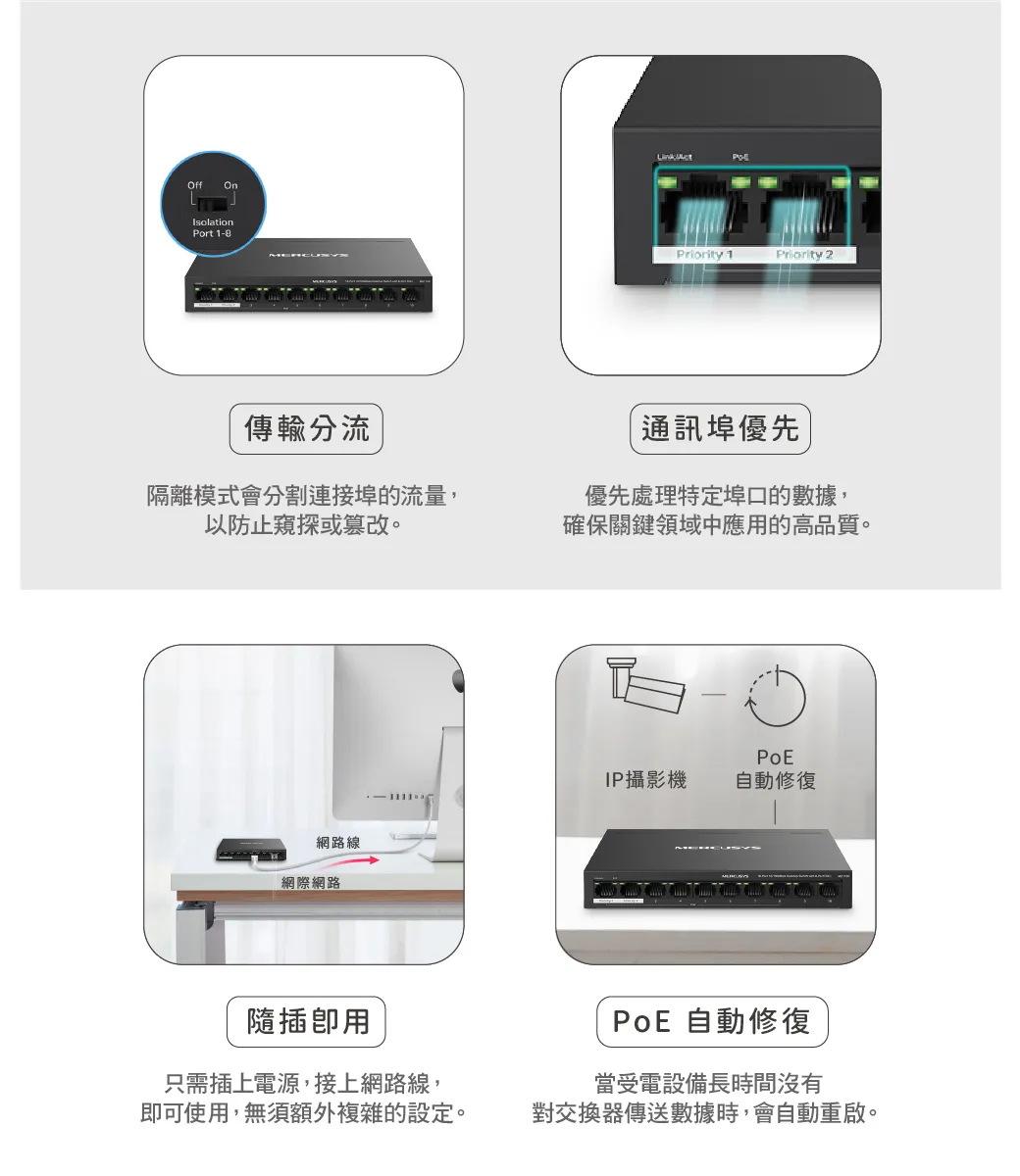 Mercusys 水星 MS110P 10 埠 10/100Mbps 桌上型交換器(含 8 埠 PoE+)