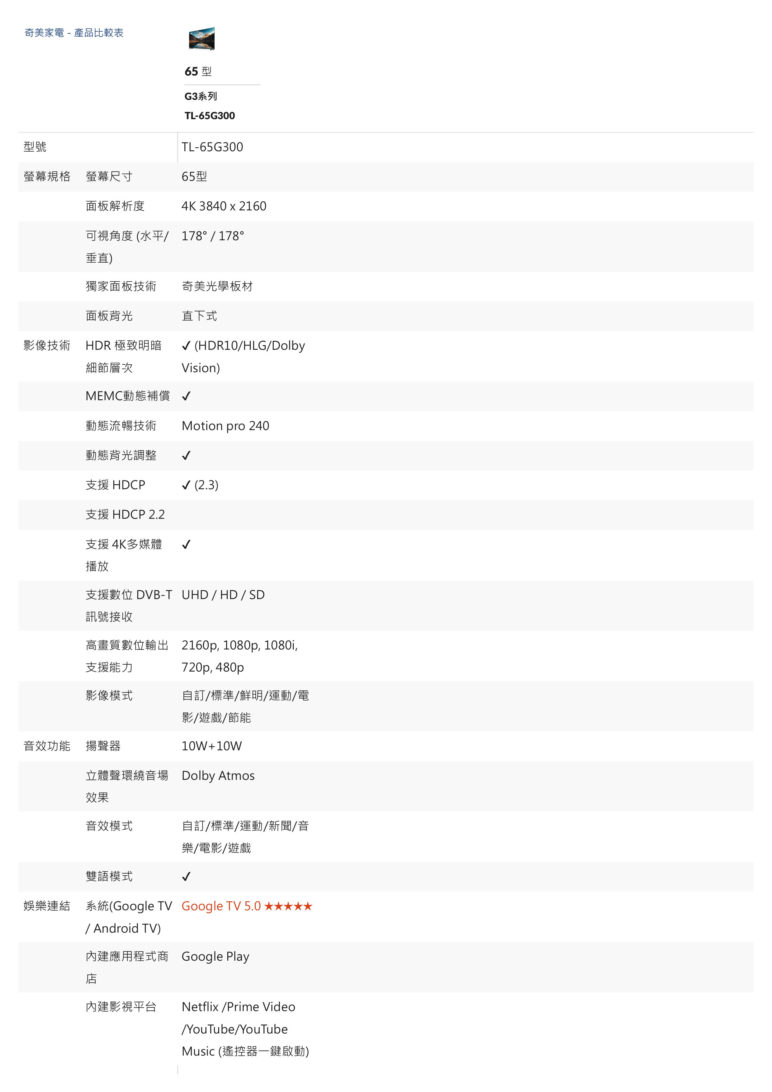 CHIMEI 奇美 65吋 大4K HDR 智慧連網液晶顯示器 Google TV ( TL-65G300 ),實際價格以報價為主,U52640094,CHIMEI奇美65吋大4KHDR智慧連網液晶顯示器GoogleTV(TL-65G300),原廠保固,大量採購歡迎洽詢