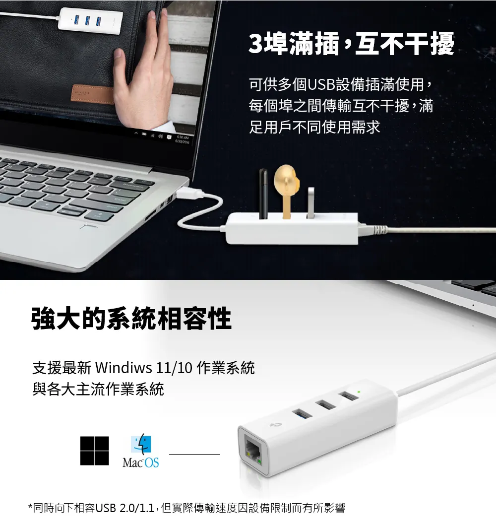 TP-Link UE330 3 埠 USB 3.0 集線器與 Gigabit USB 網卡