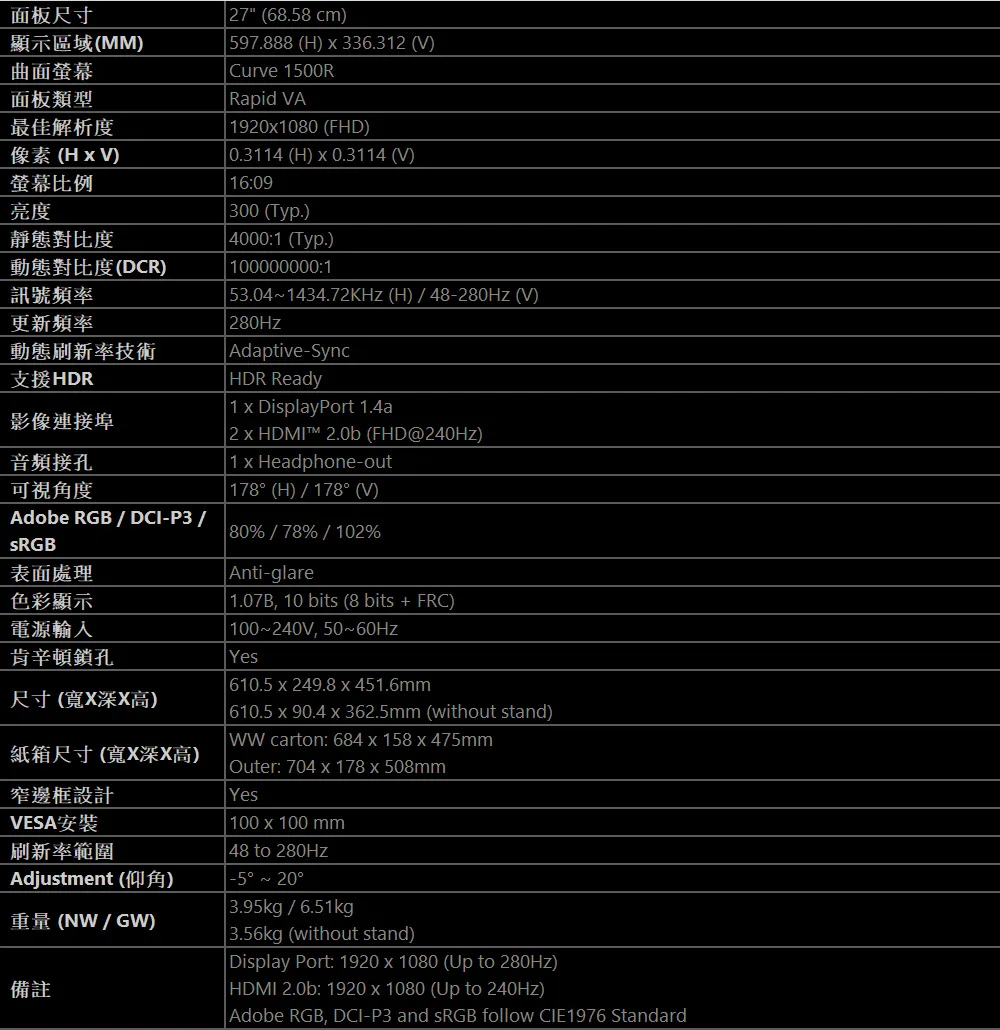 MSI 微星 MAG 276CXF 電競顯示器 (27型曲面/ 280Hz/ VA),電競,電競螢幕,經銷價,現貨,曲面螢幕