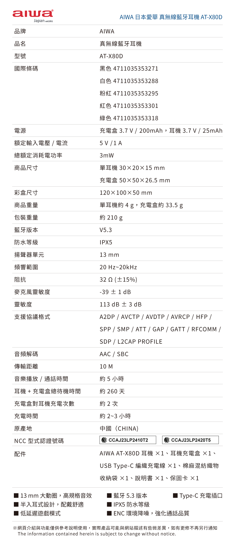 Aiwa 愛華 真無線藍牙耳機AT-X80D 綠色