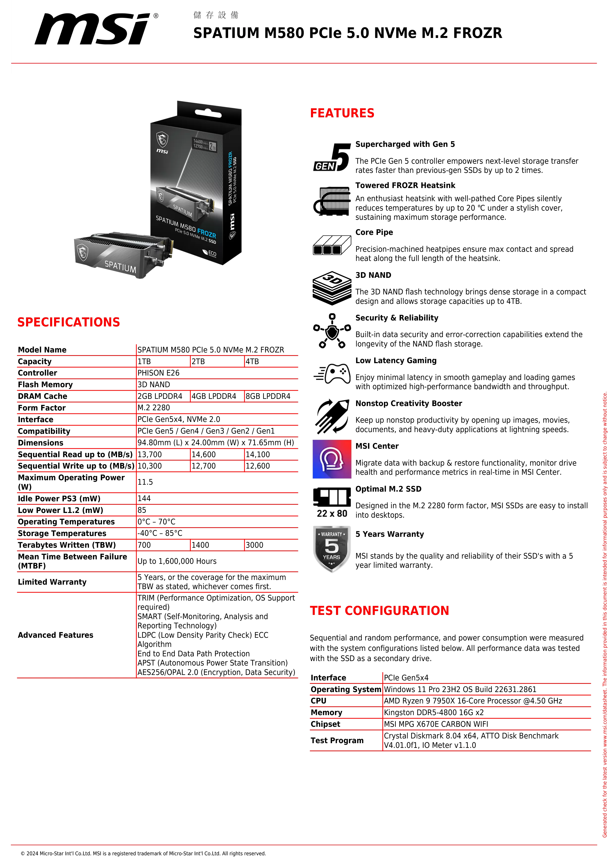 MSI 微星 SPATIUM M580 PCIe 5.0 NVMe M.2 4TB FROZR SSD 固態硬碟