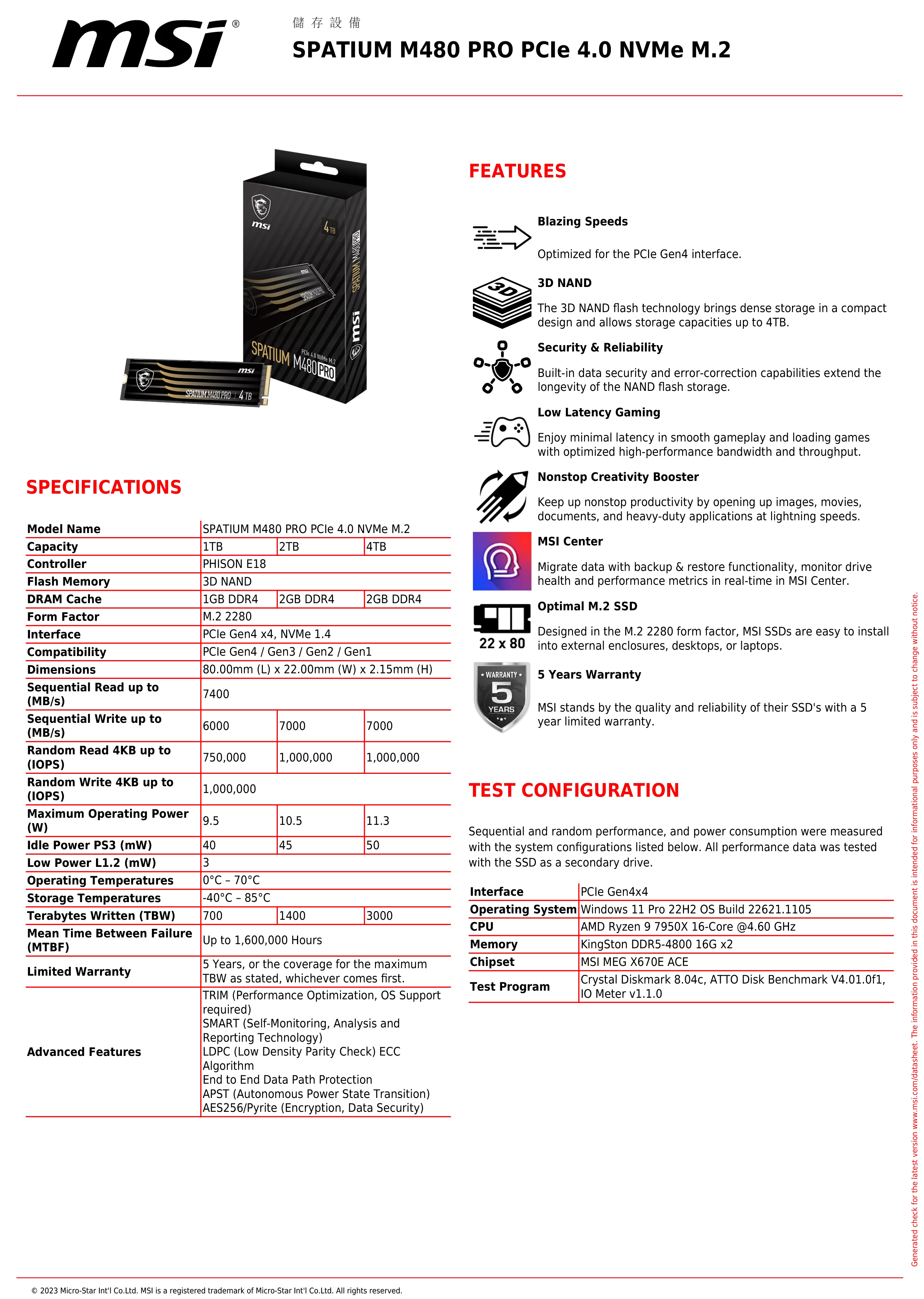 MSI 微星 SPATIUM M480 Pro PCIe 4.0 NVMe M.2 4TB 固態硬碟 SSD