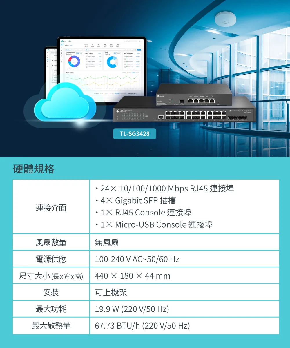 TP-Link SG3428 JetStream 24 埠 Gigabit L2 管理型交換器(含 4 個 SFP 插槽)