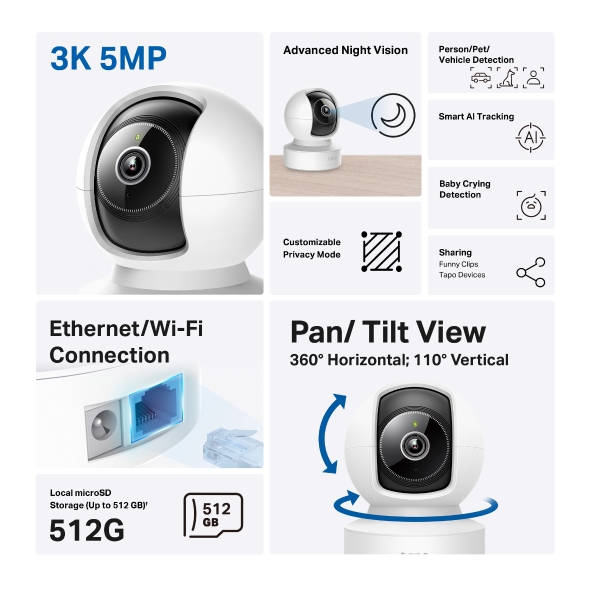 TP-Link Tapo Tapo C222 旋轉式 AI 家庭安全 Wi-Fi 攝影機
