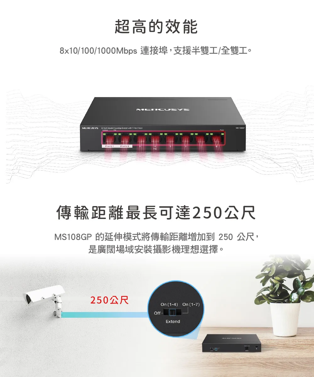 Mercusys 水星 MS108GP 7個PoE + 連接埠 8 Gigabit 埠桌上型交換器