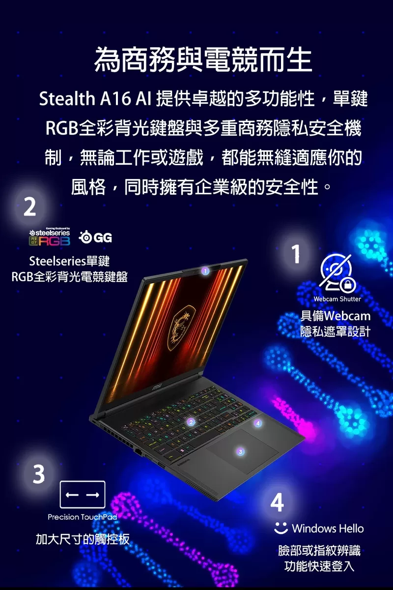 MSI 微星 Stealth 16 AI A2HW Intel Ultra 7超強處理器 / NVIDIA RTX 5060 8GB電競級顯示卡 電競筆電