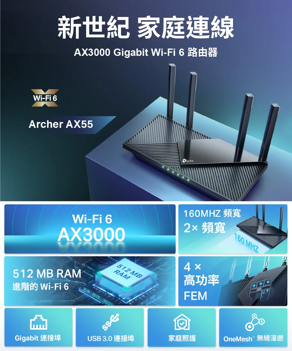 TP-Link  Archer AX55 AX3000 雙頻 Gigabit Wi-Fi 6 路由器 / 分享器