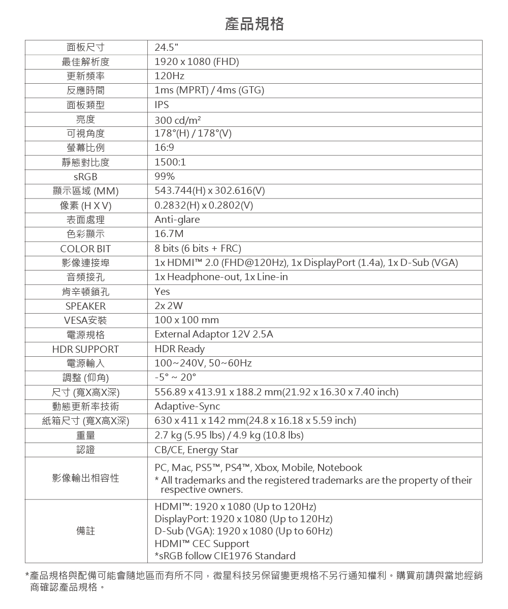 MSI 微星 PRO 專業護眼顯示器HDR 120Hz顯示器 MP251 E2