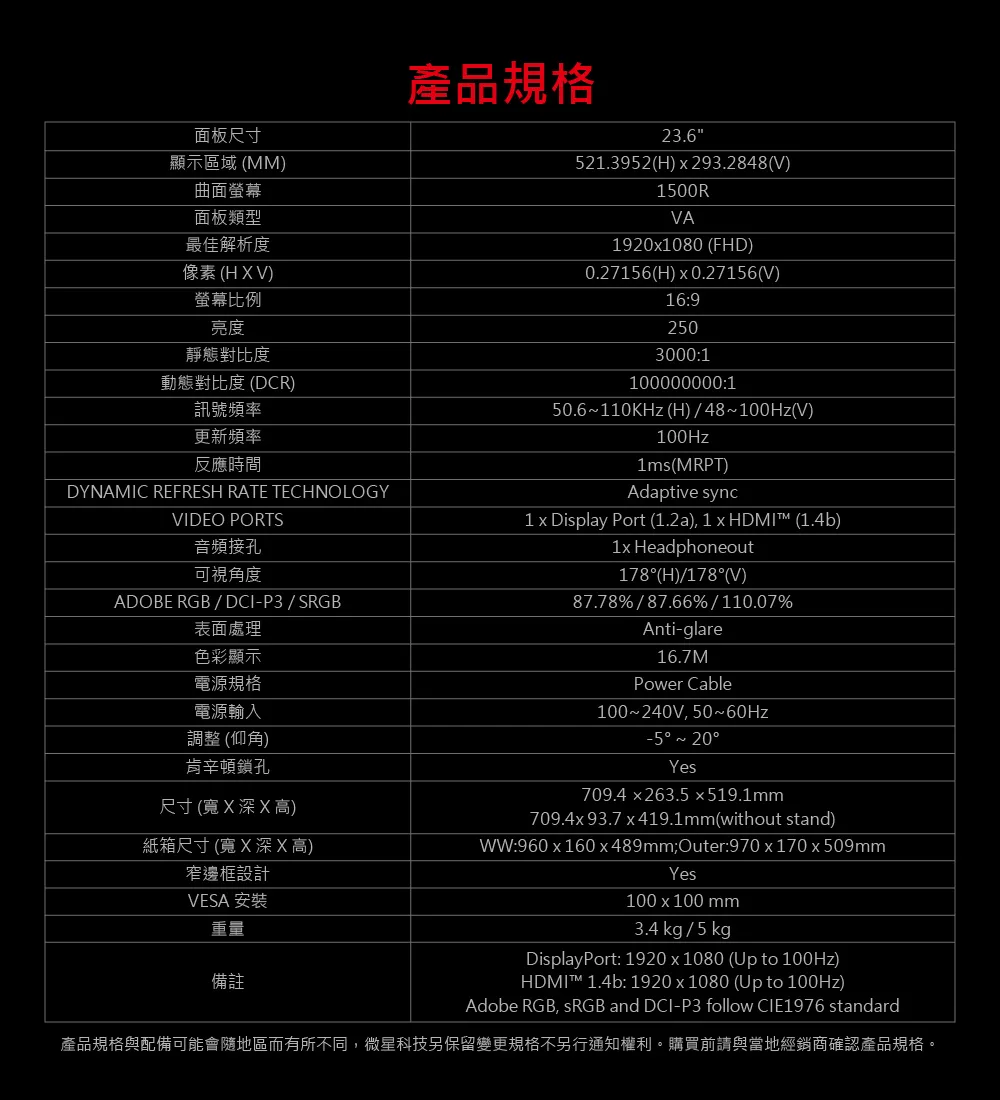 MSI 微星 G系列 G245CV 電競顯示器 (24型曲面)