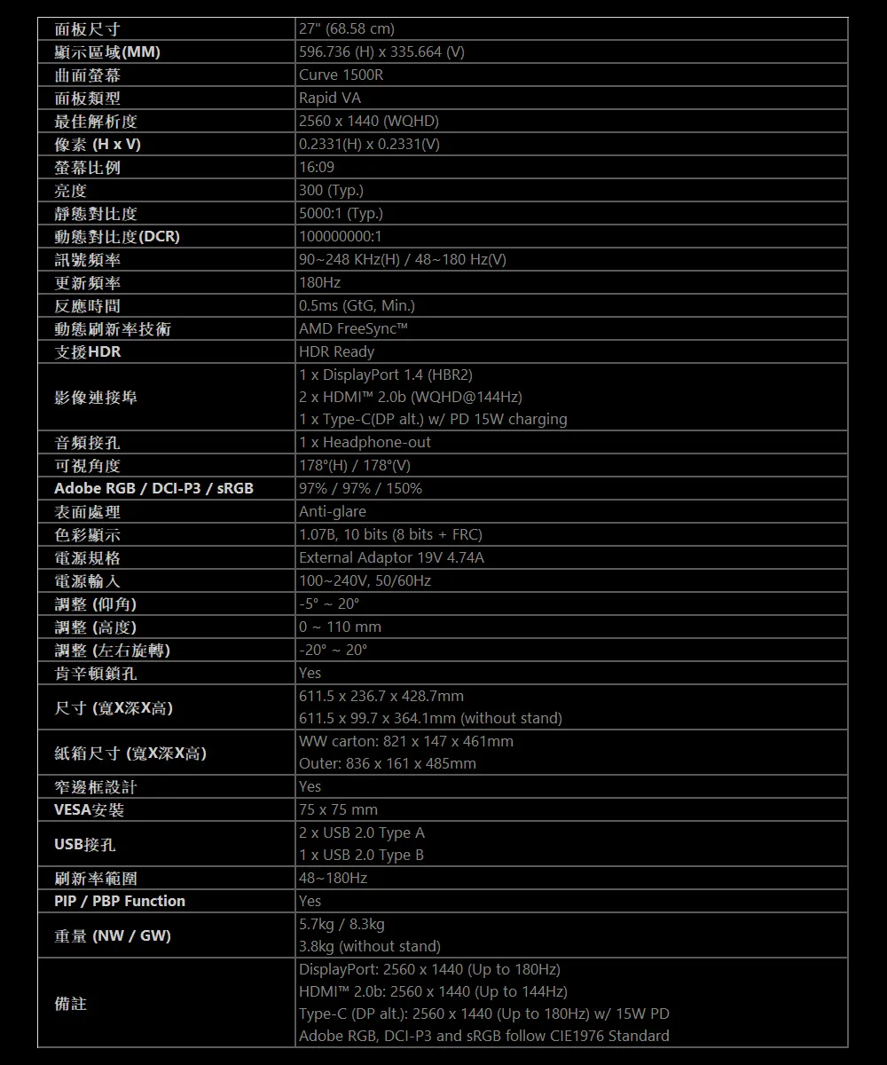 MSI 微星 MAG 275CQPF 電競顯示器 (27型曲面 / 1500R / 180Hz)