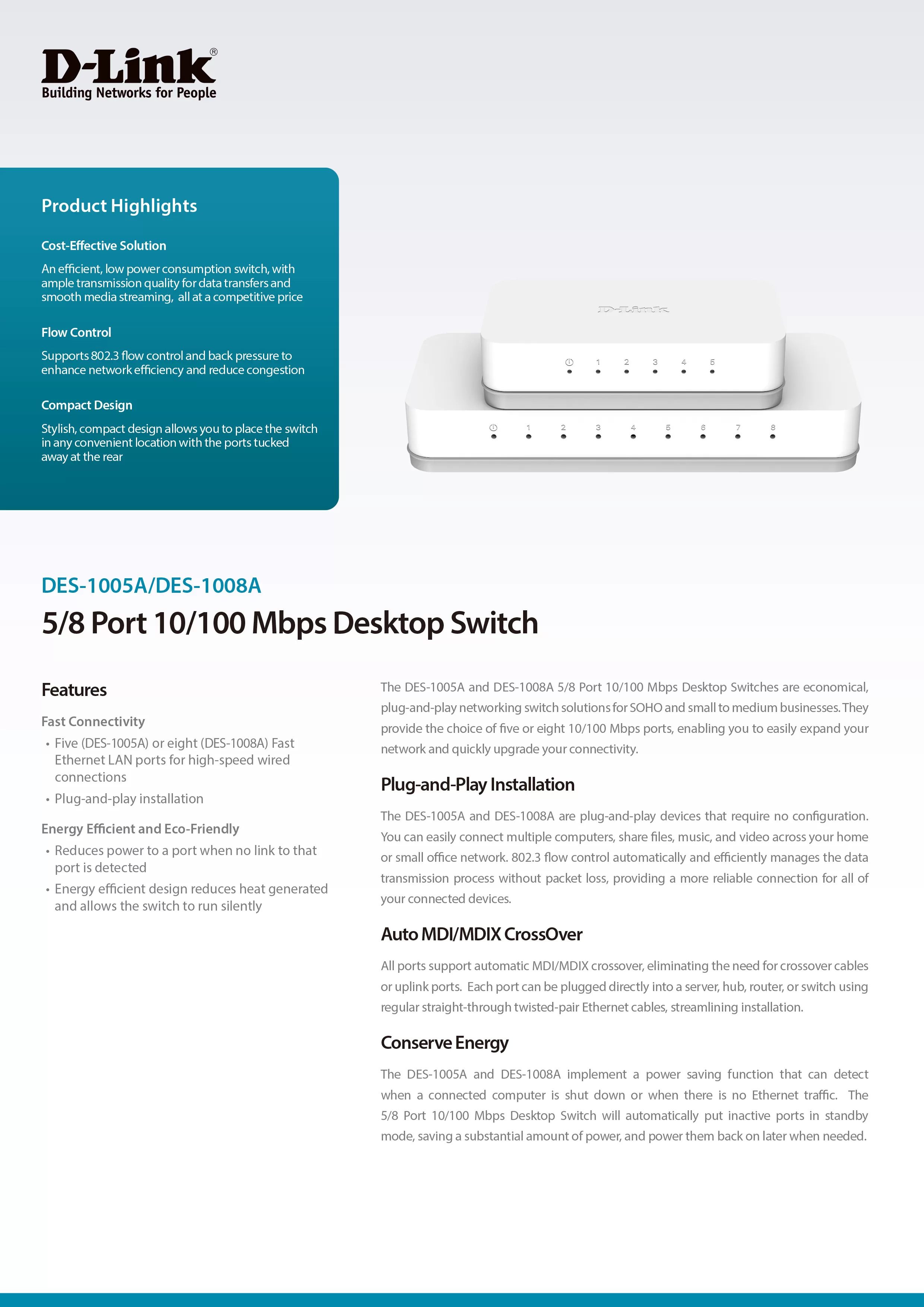 D-Link 友訊 DES-1008A 8埠桌上型網路交換器(硬體G1版本)