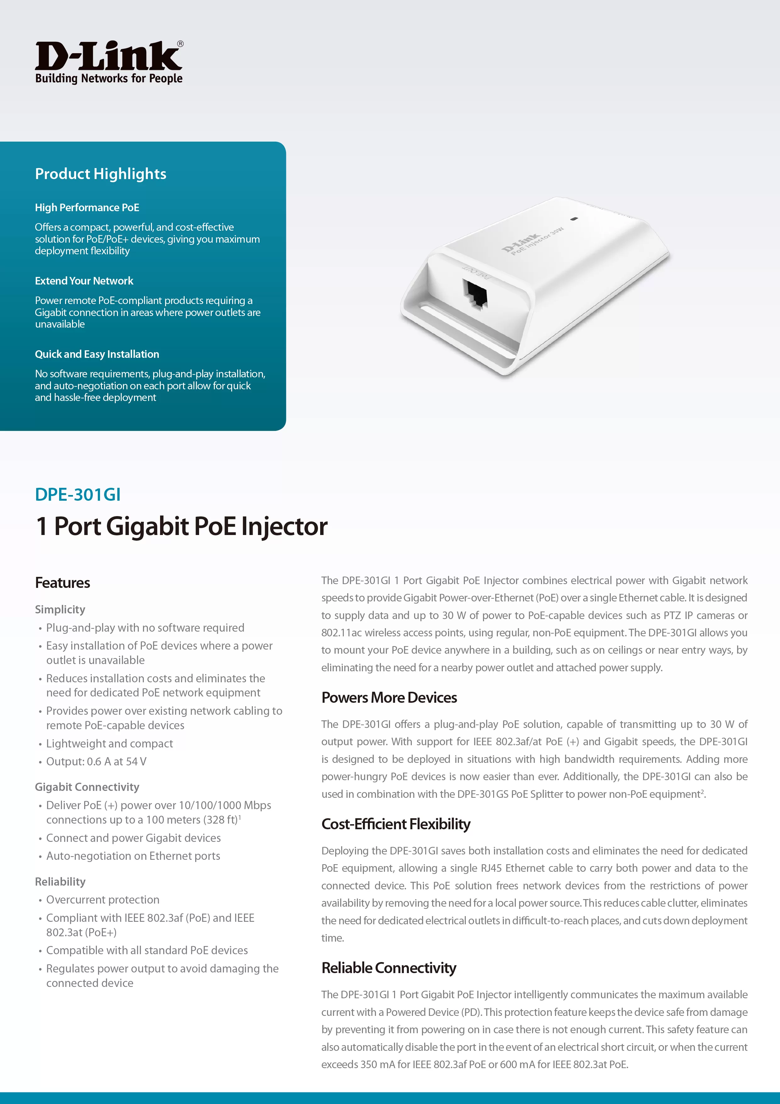 D-Link 友訊 DPE-301GI PoE網路線供電器