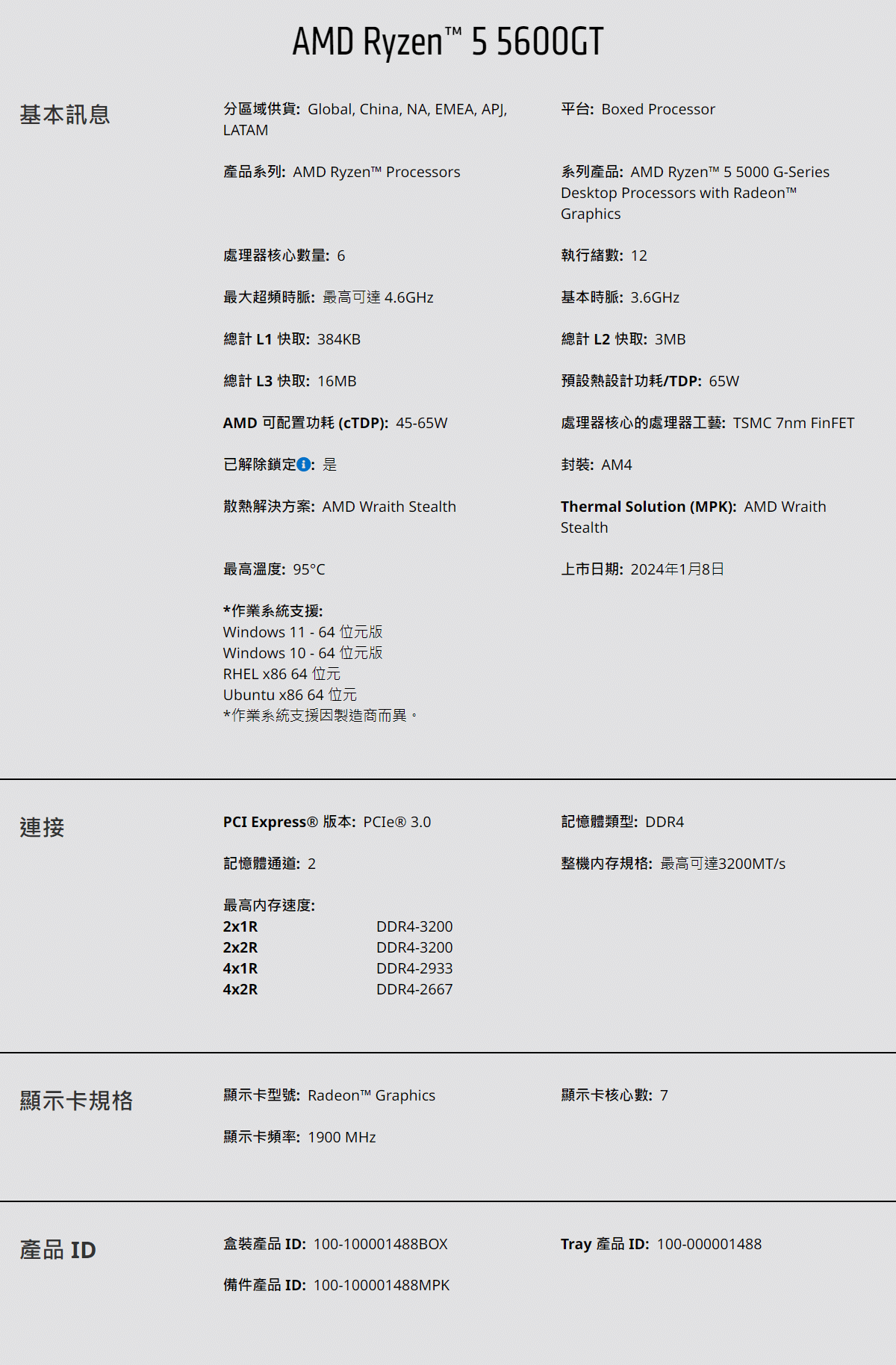 AMD Ryzen 5-5600GT 3.6GHz 6核心 中央處理器 ( 100-100001488BOX )
