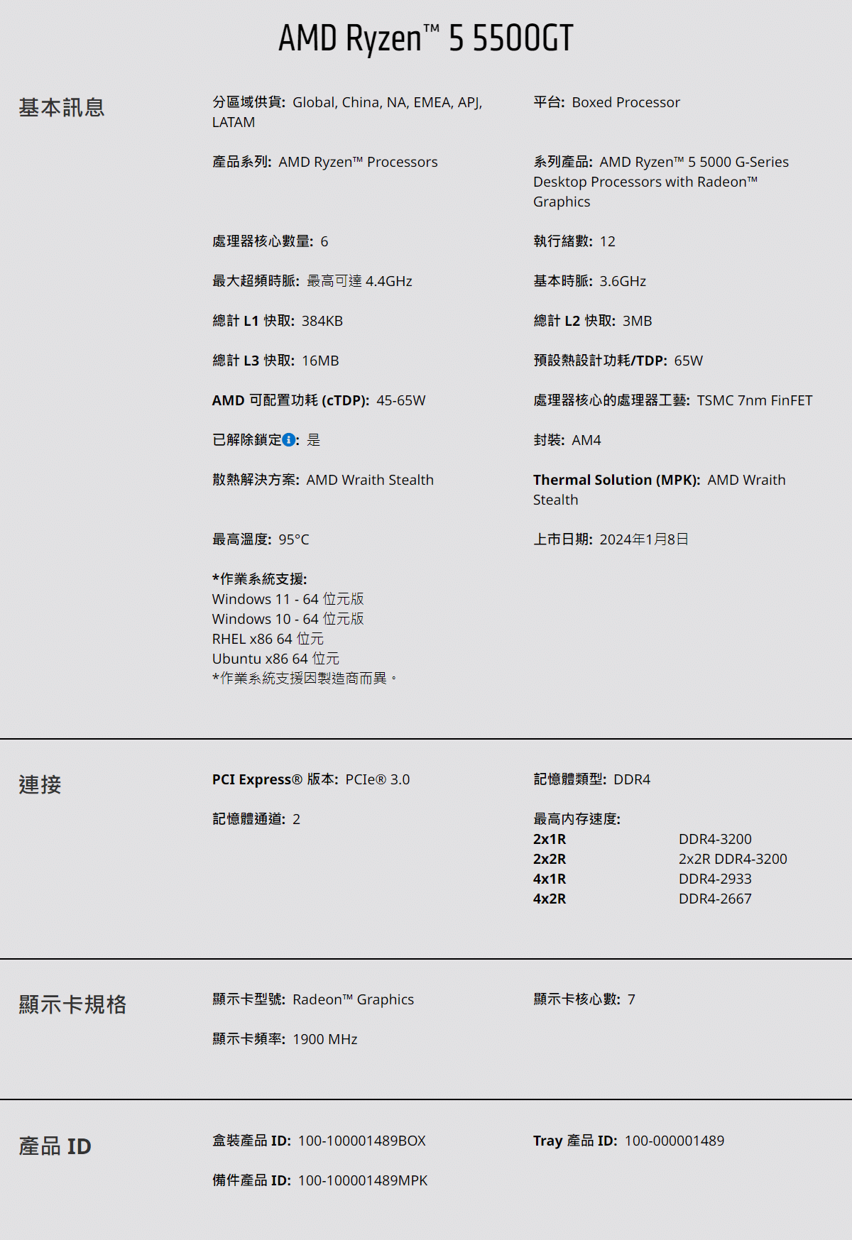 AMD Ryzen 5-5500GT 3.6GHz 6核心 中央處理器 ( 100-100001489BOX )