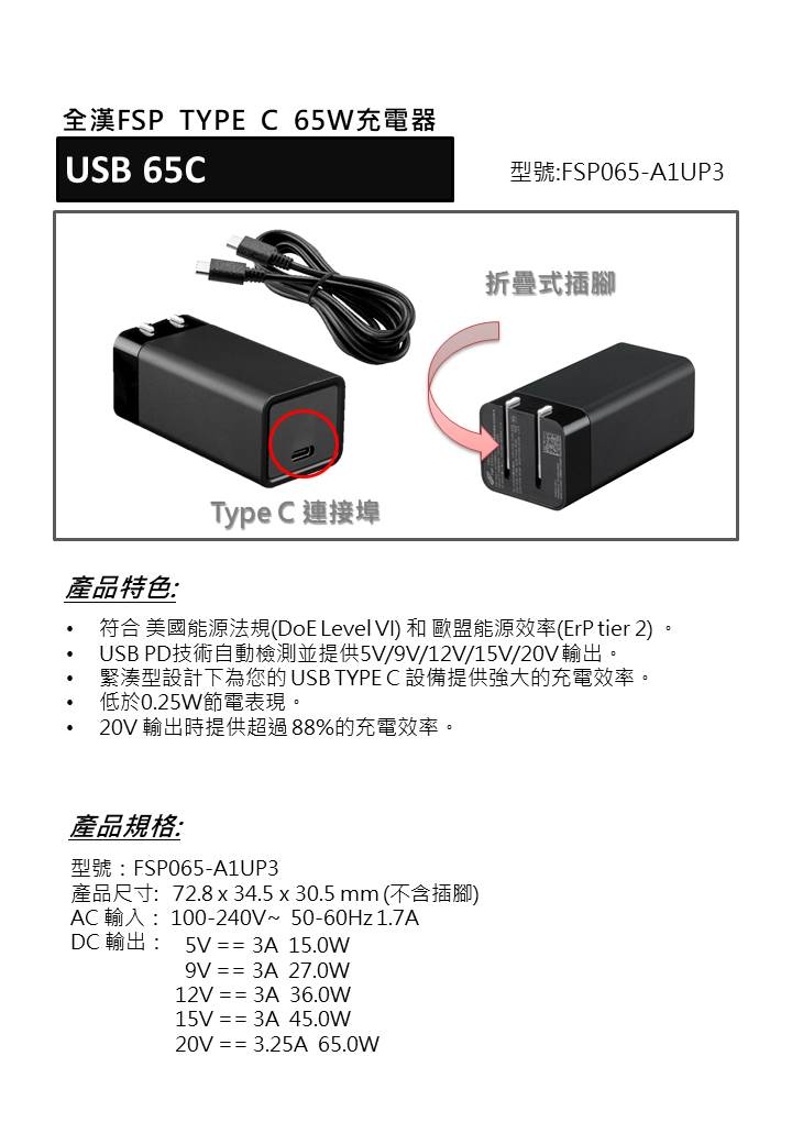 FSP 65W 美規/台規 Type C Adapter ( FSP065-A1UP3 ),實際價格以報價為主,U52370070,FSP65W美規/台規TypeCAdapter(FSP065-A1UP3),原廠保固,大量採購歡迎洽詢