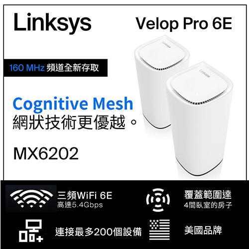 Linksys Velop Pro AXE5400 WiFi 6E 三頻 無線網狀路由器MX6202-AH(兩入),U52540017,LinksysVelopProAXE5400WiFi6E三頻無線網狀路由器MX6202-AH(兩入),原廠保固,大量採購歡迎洽詢,品質保證