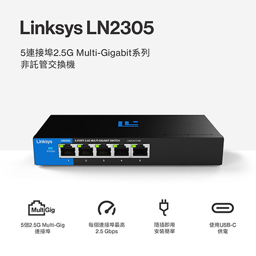 Linksys 5-Port 2.5G Multi-Gigabit 非網管型交換器(LN2305-AH),U52540022,Linksys5-Port2.5GMulti-Gigabit非網管型交換器(LN2305-AH),原廠保固,大量採購歡迎洽詢,品質保證